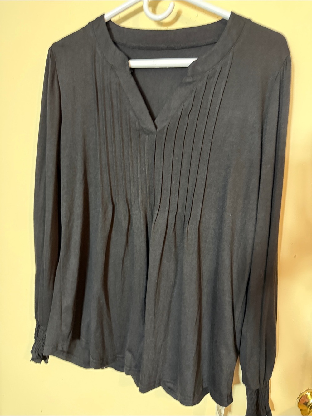 Women's Black Pleated V-Neck Long Sleeve Blouse